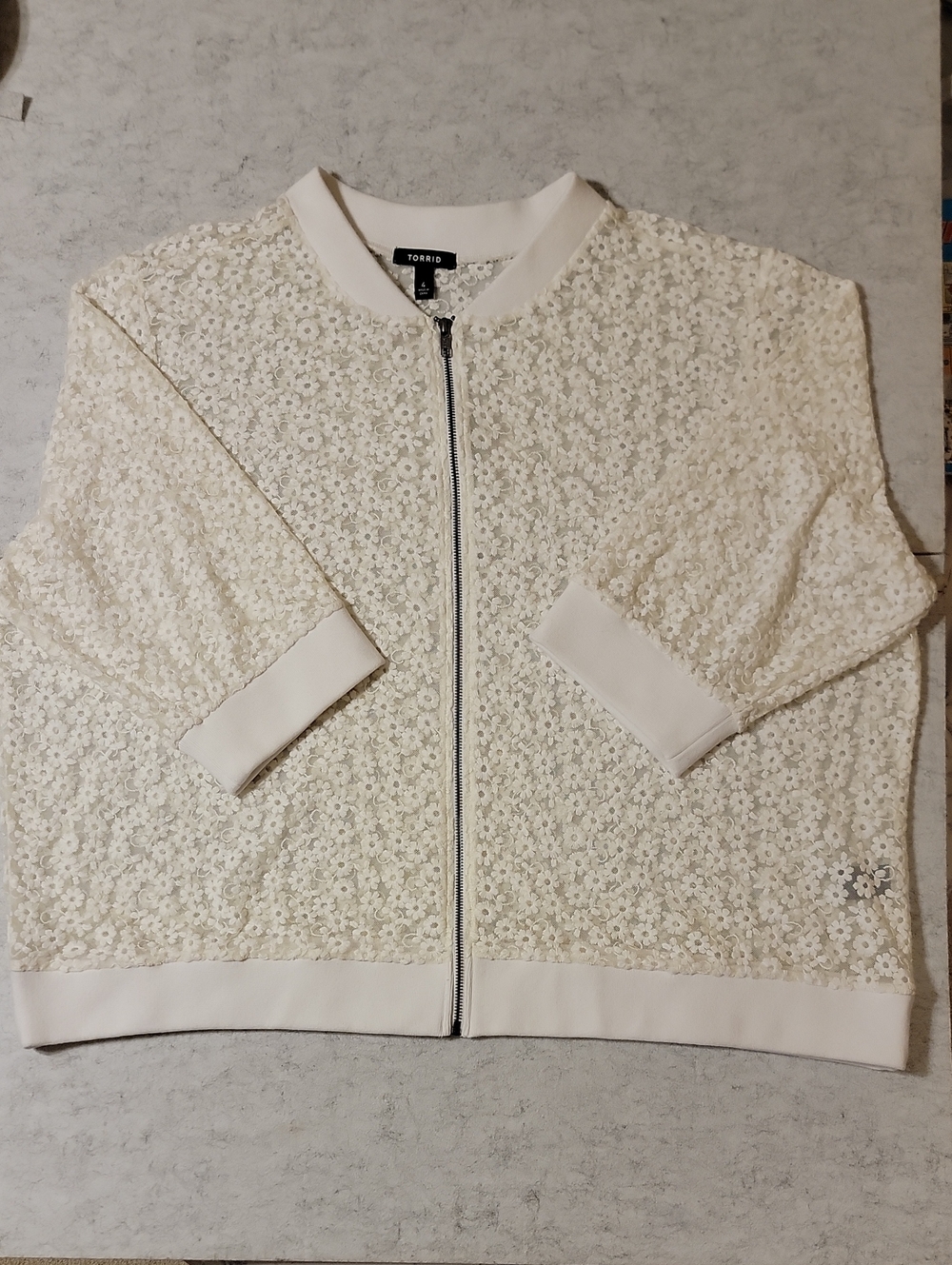 Torrid White Crochet Floral Lace Bomber Jacket 4X Sheer Zip Up 3/4 Sleeve 4